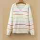Carmine White Colorful Striped Detail V Neck Drop Shoulder Baggy Sweater