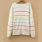Carmine White Colorful Striped Detail V Neck Drop Shoulder Baggy Sweater