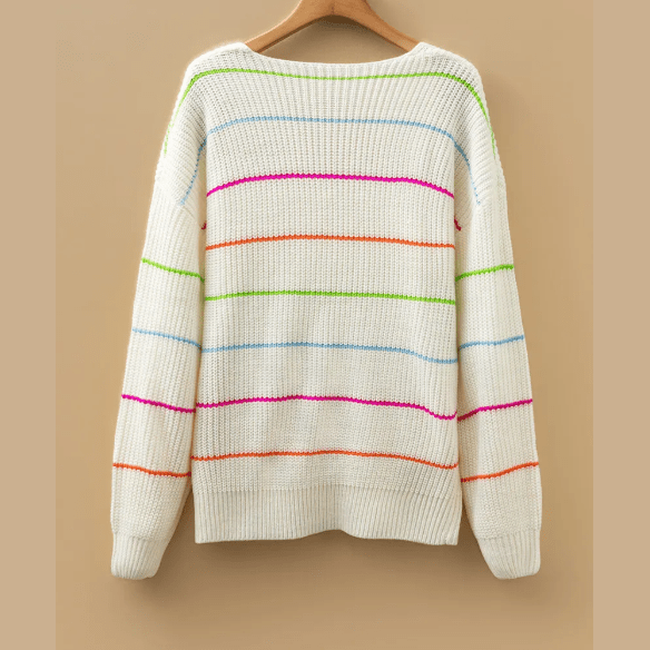 Carmine White Colorful Striped Detail V Neck Drop Shoulder Baggy Sweater