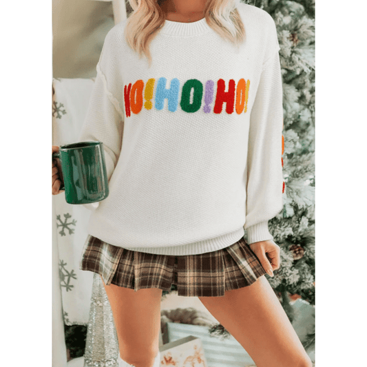 White HOHOHO MERRY CHRISTMAS Chenille Graphic Drop Shoulder Holiday Sweater