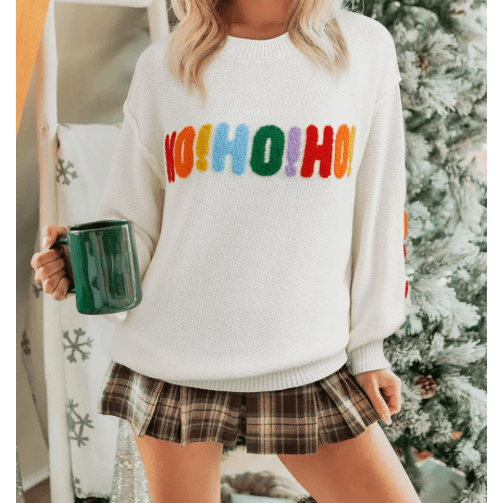 White HOHOHO MERRY CHRISTMAS Chenille Graphic Drop Shoulder Holiday Sweater