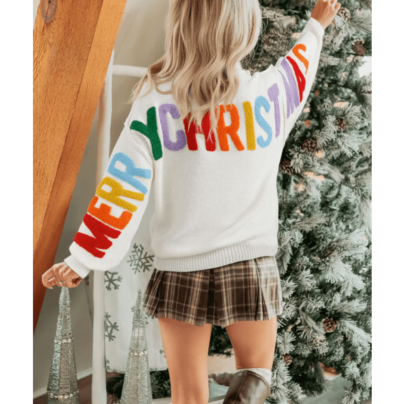 White HOHOHO MERRY CHRISTMAS Chenille Graphic Drop Shoulder Holiday Sweater