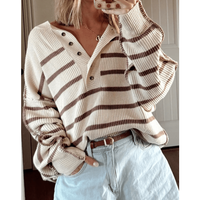 Lilli Brown Stripe Ribbed Henley Drop Shoulder Slouchy Sweater