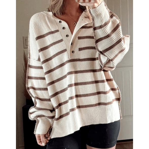 Lilli Brown Stripe Ribbed Henley Drop Shoulder Slouchy Sweater