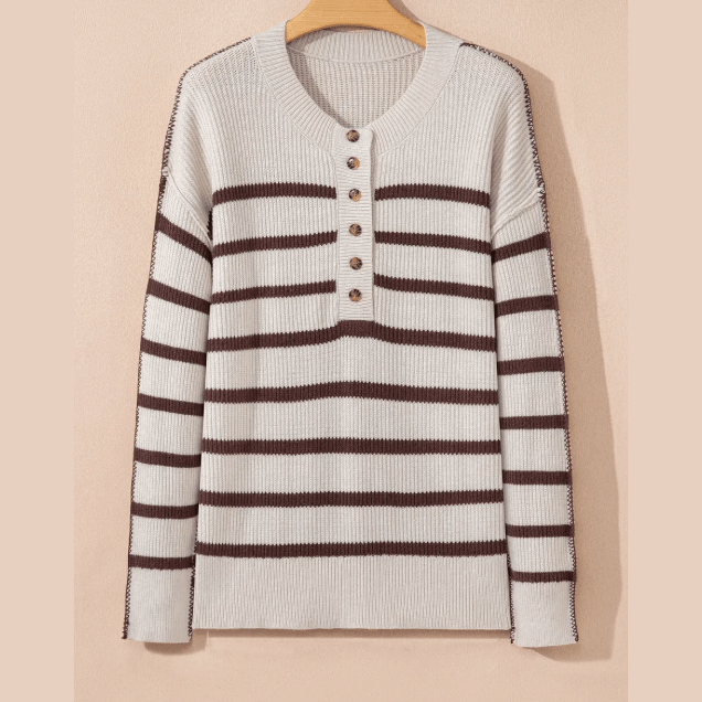 Lilli Brown Stripe Ribbed Henley Drop Shoulder Slouchy Sweater