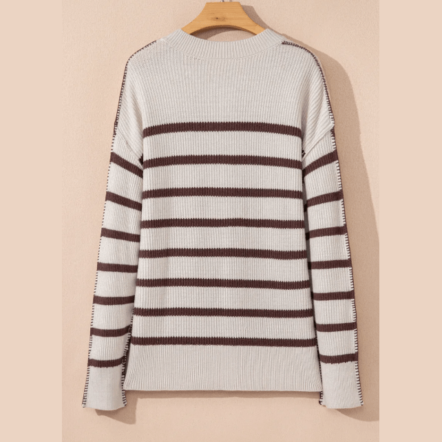 Lilli Brown Stripe Ribbed Henley Drop Shoulder Slouchy Sweater