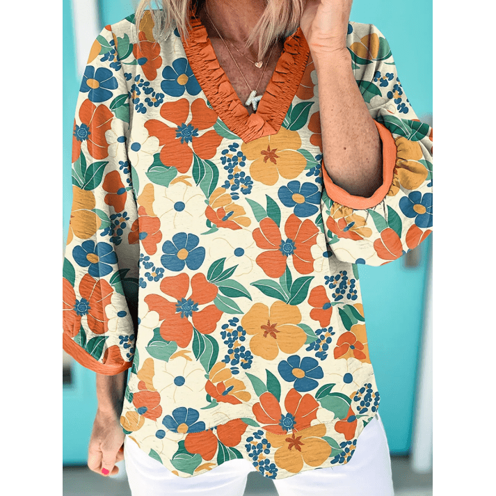 Dodie Orange Frilled V Neck Floral Print Bracelet Sleeve Blouse