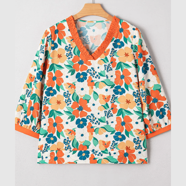 Dodie Orange Frilled V Neck Floral Print Bracelet Sleeve Blouse