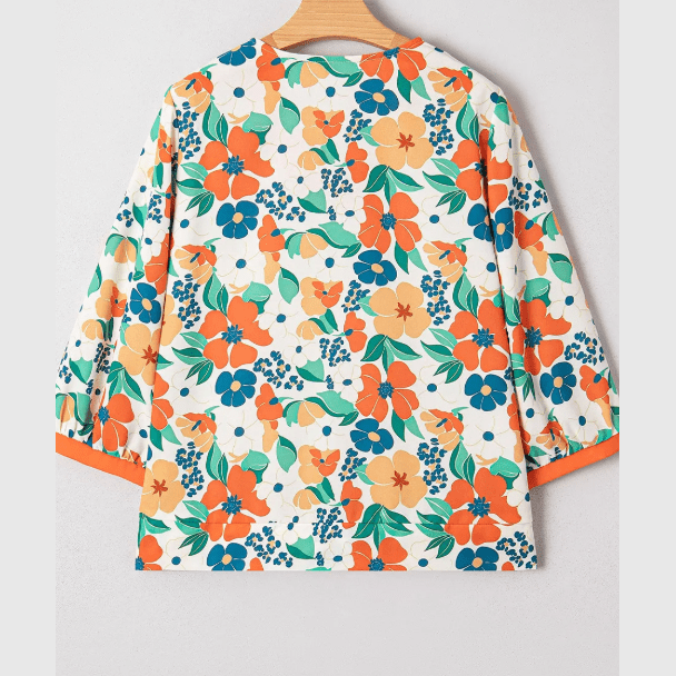 Dodie Orange Frilled V Neck Floral Print Bracelet Sleeve Blouse