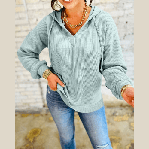 Cossette Aqua Ribbed Drop Shoulder Knit Hoodie