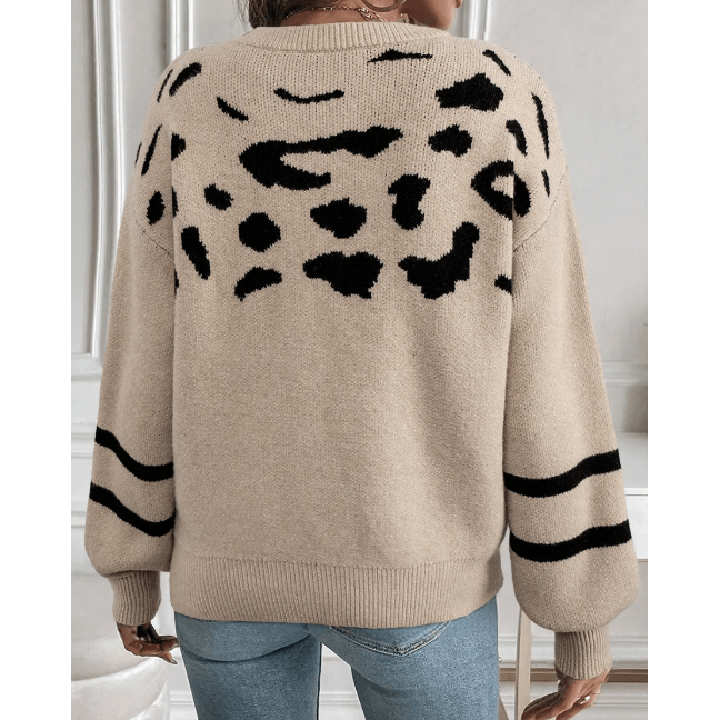 Kaleel Khaki Leopard Striped Detail Drop Shoulder Sweater
