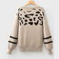 Kaleel Khaki Leopard Striped Detail Drop Shoulder Sweater