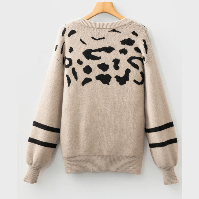 Kaleel Khaki Leopard Striped Detail Drop Shoulder Sweater