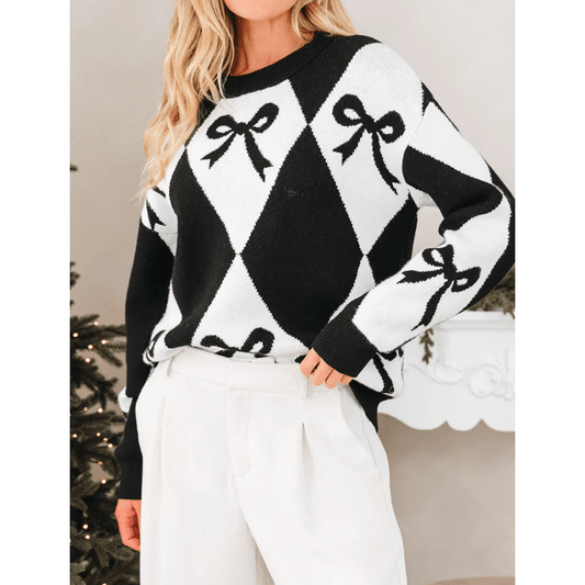 Marni Black Bow Print 2-tone Rhombus Knit Loose Sweater