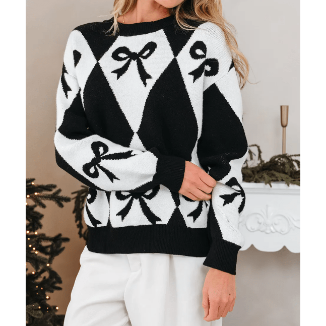 Marni Black Bow Print 2-tone Rhombus Knit Loose Sweater