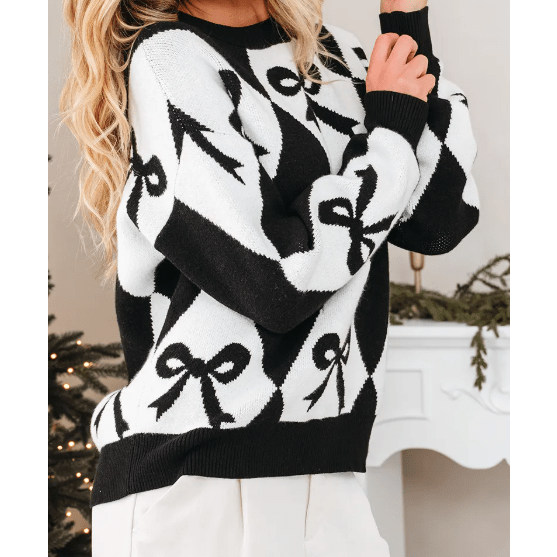 Marni Black Bow Print 2-tone Rhombus Knit Loose Sweater