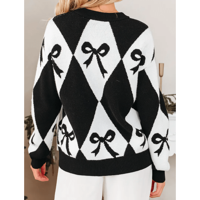Marni Black Bow Print 2-tone Rhombus Knit Loose Sweater
