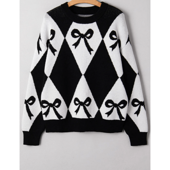 Marni Black Bow Print 2-tone Rhombus Knit Loose Sweater