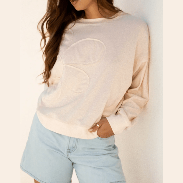 Amaya Khaki Raw Edge Flower Patch Drop Shoulder Casual Top