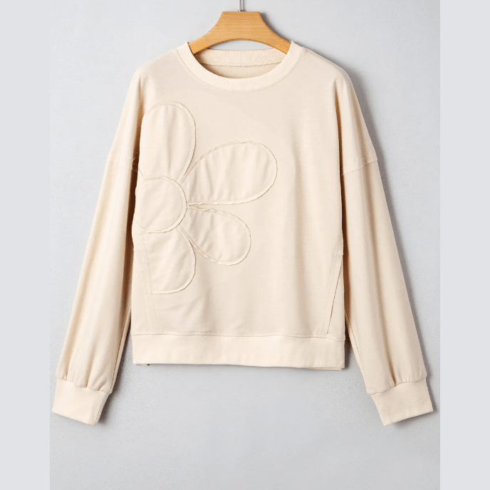 Amaya Khaki Raw Edge Flower Patch Drop Shoulder Casual Top