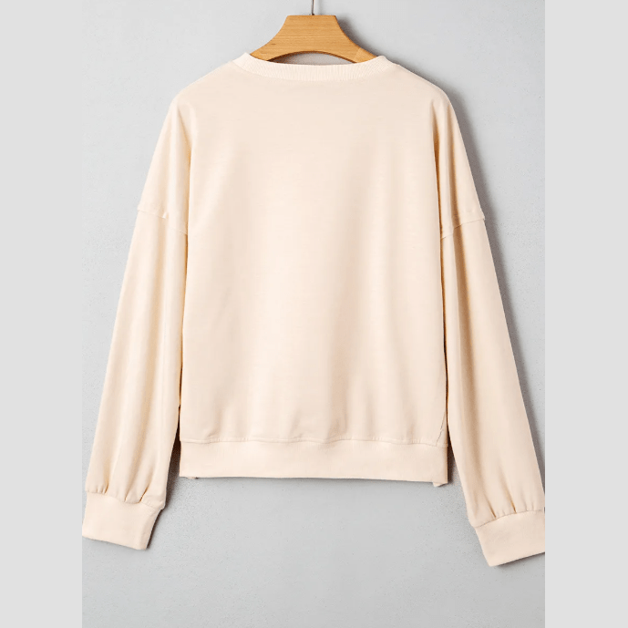 Amaya Khaki Raw Edge Flower Patch Drop Shoulder Casual Top