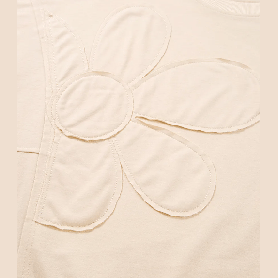 Amaya Khaki Raw Edge Flower Patch Drop Shoulder Casual Top