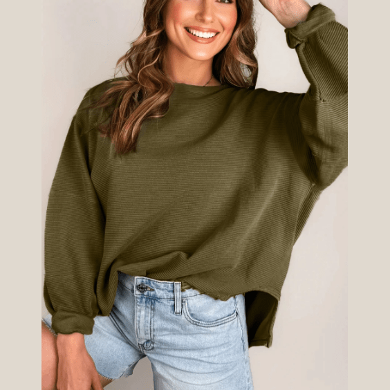 Bexley Horizontal Ribbed Exposed Seam Patchwork Sleeve Loose Top