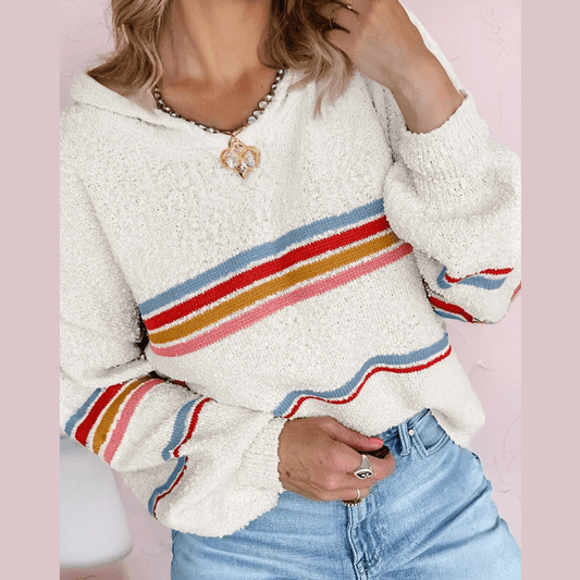 Enid White Multicolored Striped Accent Hooded Popcorn Sweater