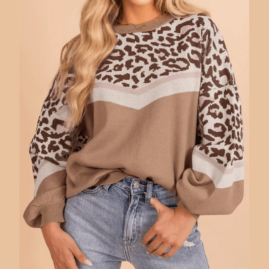 Jae Leopard Color Block Knit Round Neck Baggy Sweater