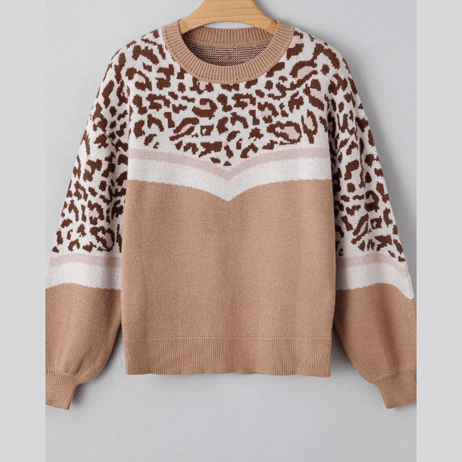 Jae Leopard Color Block Knit Round Neck Baggy Sweater