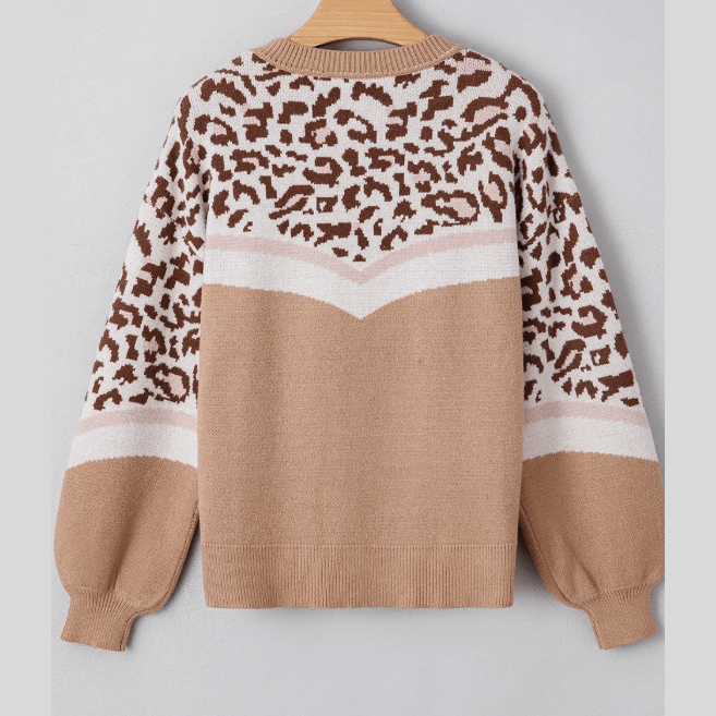 Jae Leopard Color Block Knit Round Neck Baggy Sweater