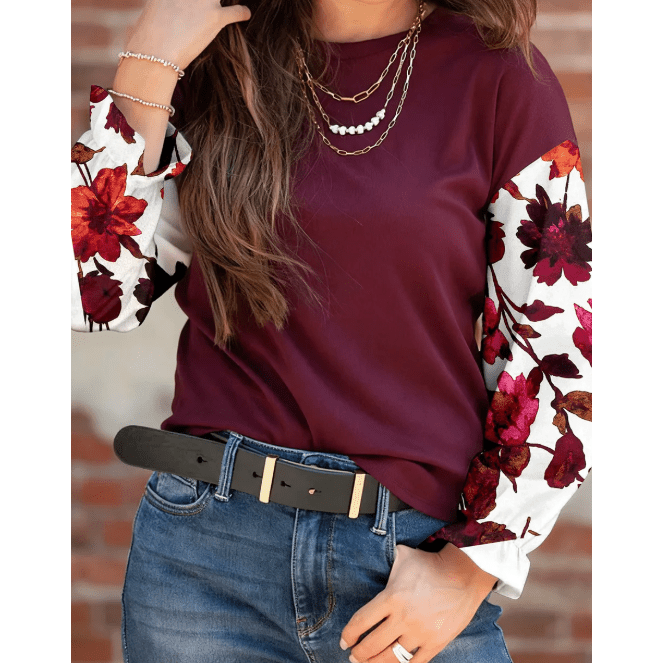 Irvine Floral Sleeve Solid Ribbed Body Patchwork Long Sleeve Top
