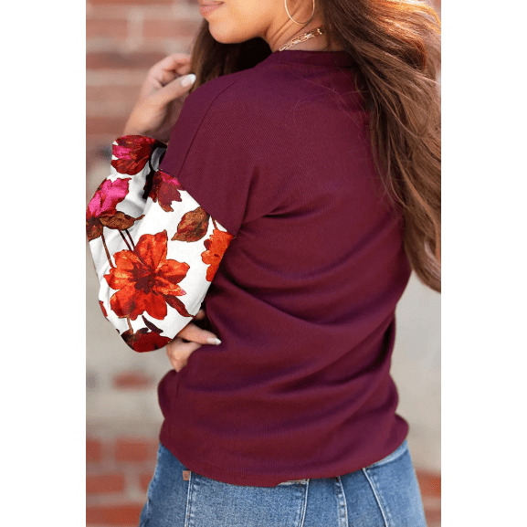 Irvine Floral Sleeve Solid Ribbed Body Patchwork Long Sleeve Top
