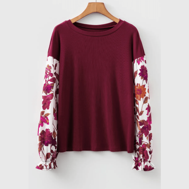 Irvine Floral Sleeve Solid Ribbed Body Patchwork Long Sleeve Top