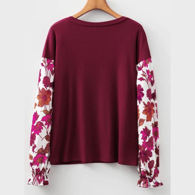 Irvine Floral Sleeve Solid Ribbed Body Patchwork Long Sleeve Top