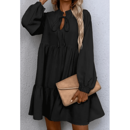 Margret Black Tie Split Neck Smocked Detail Long Puff Sleeve Ruffle Hem Loose Dress
