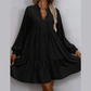Margret Black Tie Split Neck Smocked Detail Long Puff Sleeve Ruffle Hem Loose Dress