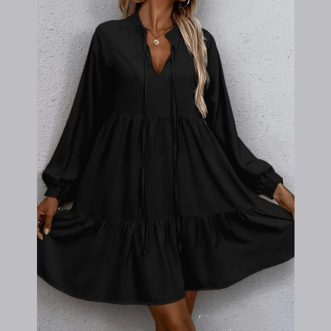 Margret Black Tie Split Neck Smocked Detail Long Puff Sleeve Ruffle Hem Loose Dress