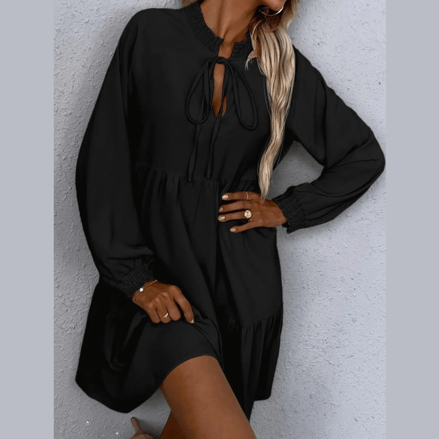 Margret Black Tie Split Neck Smocked Detail Long Puff Sleeve Ruffle Hem Loose Dress