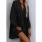 Margret Black Tie Split Neck Smocked Detail Long Puff Sleeve Ruffle Hem Loose Dress