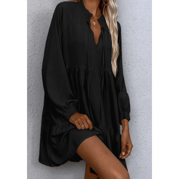 Margret Black Tie Split Neck Smocked Detail Long Puff Sleeve Ruffle Hem Loose Dress