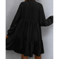 Margret Black Tie Split Neck Smocked Detail Long Puff Sleeve Ruffle Hem Loose Dress