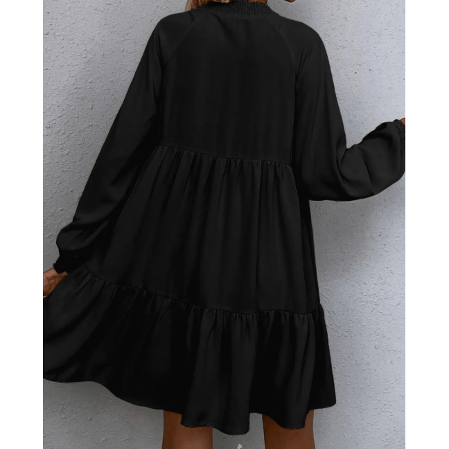Margret Black Tie Split Neck Smocked Detail Long Puff Sleeve Ruffle Hem Loose Dress
