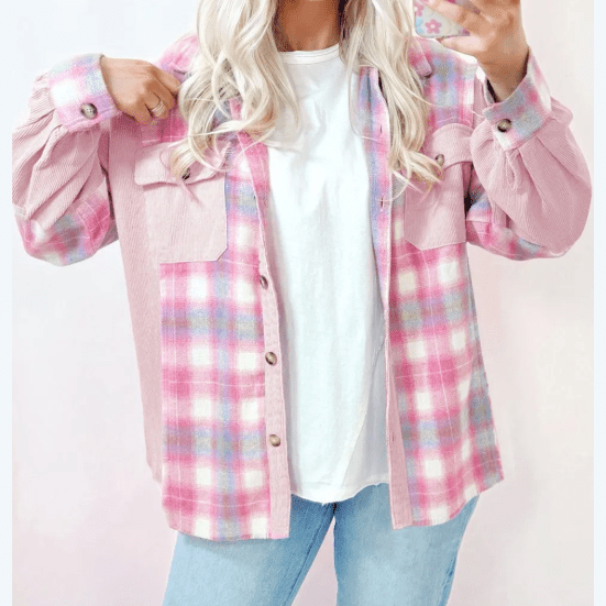 Nikita Pink Brushed Plaid Corduroy Flap Pockets Patchwork Shacket