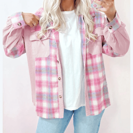 Nikita Pink Brushed Plaid Corduroy Flap Pockets Patchwork Shacket