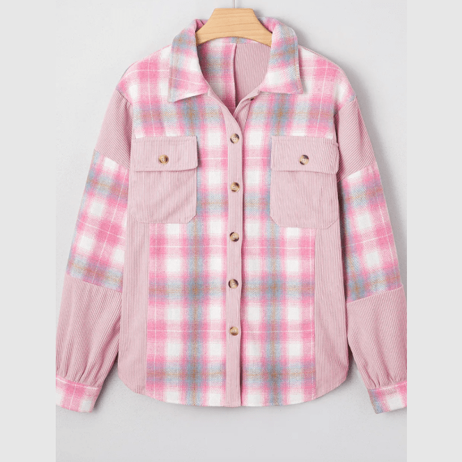 Nikita Pink Brushed Plaid Corduroy Flap Pockets Patchwork Shacket