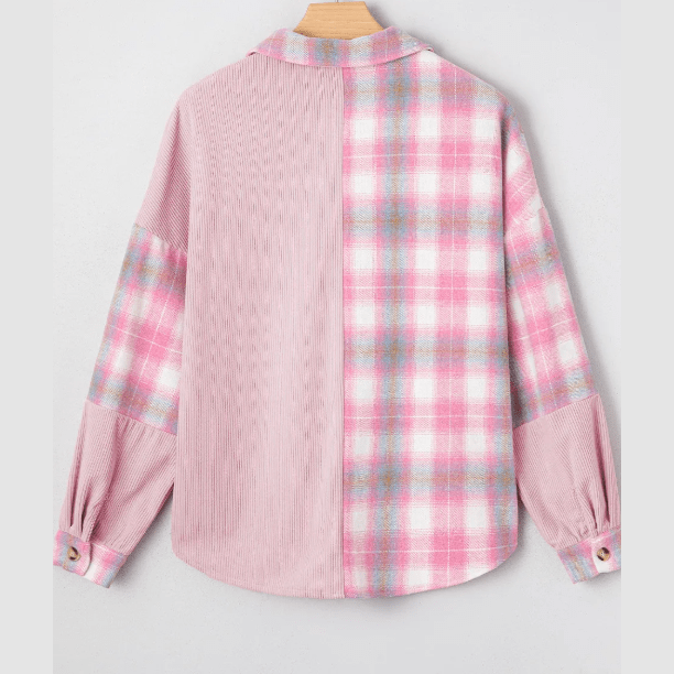 Nikita Pink Brushed Plaid Corduroy Flap Pockets Patchwork Shacket