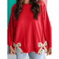 Sonda Fiery Red Floral Bow Patched Exposed Seam Patchwork Slit Baggy Sweatshirt