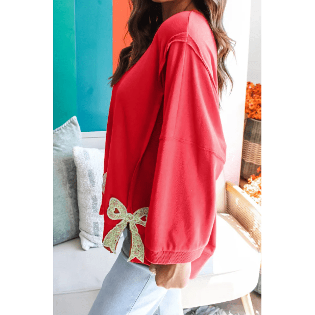 Sonda Fiery Red Floral Bow Patched Exposed Seam Patchwork Slit Baggy Sweatshirt