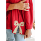 Sonda Fiery Red Floral Bow Patched Exposed Seam Patchwork Slit Baggy Sweatshirt